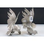 Pair of silver plated fighting cock figures