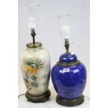 Blue ground ginger jar style lidded vase converted to lamp and a contemporary floral decorated lamp