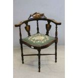 Late Victorian Corner Chair, inlaid with Swags of Fruit and Foliage, Needlework Upholstered Seat and