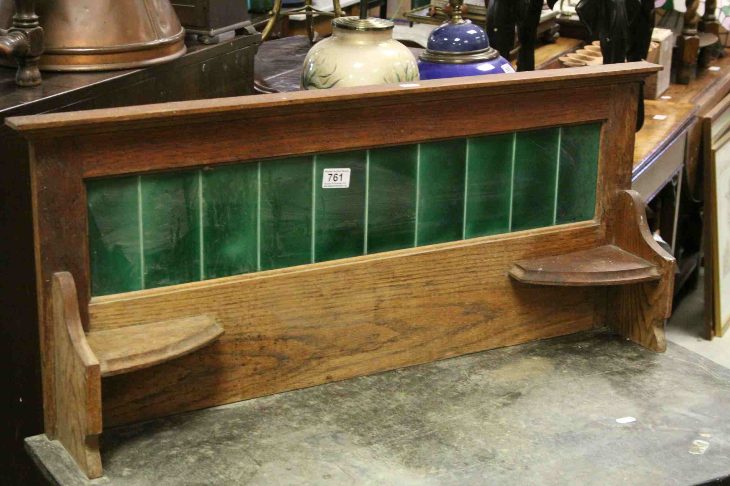 Late Victorian Oak Washstand with Green Tiled Back and Slate Top, 92cms wide x 115cms high - Image 2 of 3