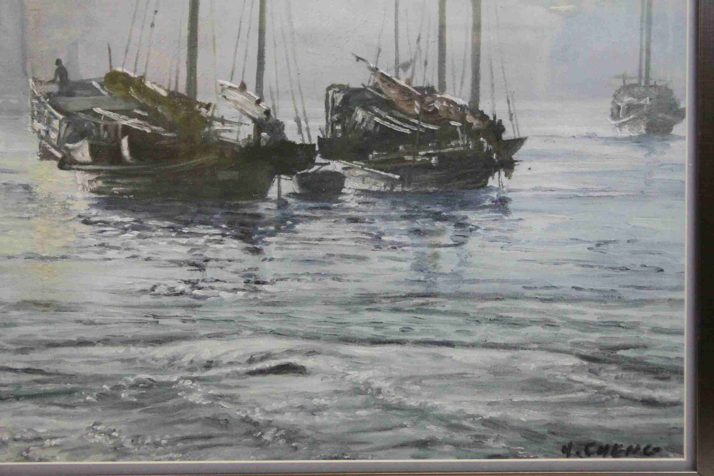 H Cheng 20th century oil painting junks in a coastal scene empasto oil painting - Image 2 of 3