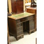 Reproduction George III Kneehole Desk with Green Leather Inset Top, Eight Drawers and Recessed