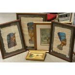 Three Framed and Glazed Paintings of Egyptians on Pampas Grass together with a Framed and Glazed