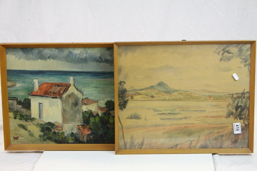 Framed Oil on board of a Coastal Village scene plus another framed 7 glazed Landscape Watercolour