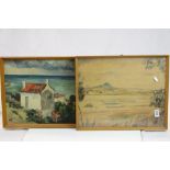 Framed Oil on board of a Coastal Village scene plus another framed 7 glazed Landscape Watercolour