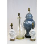 Blue ground ovoid ceramic lamp, glass crackle glazed lamp and two white ceramic lamps with pierced
