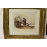19th century watercolour, fisherman and wife on beach with dog, signed and dated H.B.L. 1843