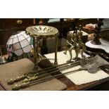 Set of vintage fire irons and a similar brass trivet/kettle stand, plus a pair of andirons