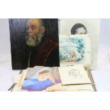 A vintage folio containing paintings and prints to include portraits engravings watercolours etc.