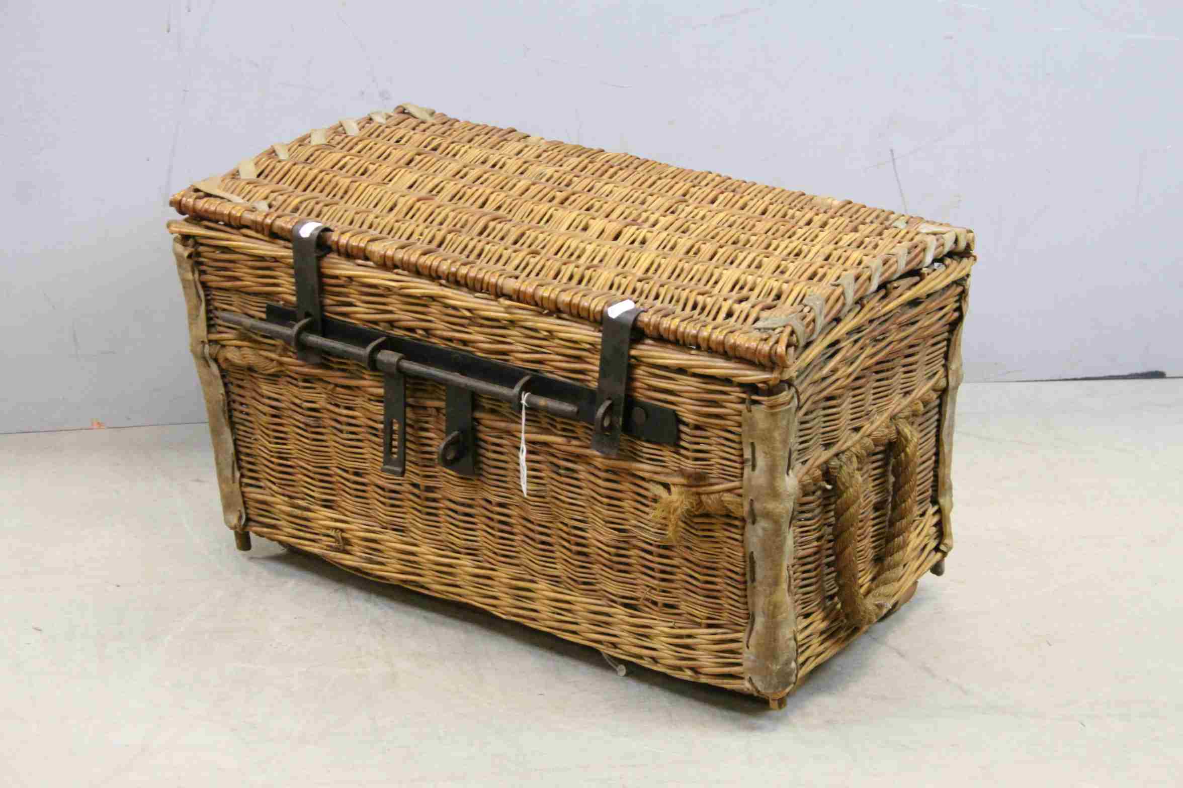 Vintage Wicker Basket with Iron Mounts and Rope Handles, marked to base ' Frank Cobbett & Sons