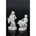Pair of 19th century Derby cream ware figures girl with basket, boy with wheat & sickle
