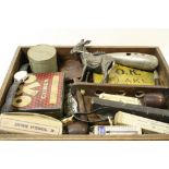 Wooden tray of mixed vintage collectables to include; Seiko 5 Wristwatch, tins, Pocket watch,