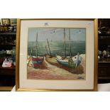 Signed oil painting of Mediterranean seascape with beached fishing boats