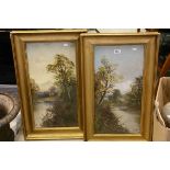 Pair of gilt framed early 20th century oil gouache paintings of rural rivers scenes, indistinctly