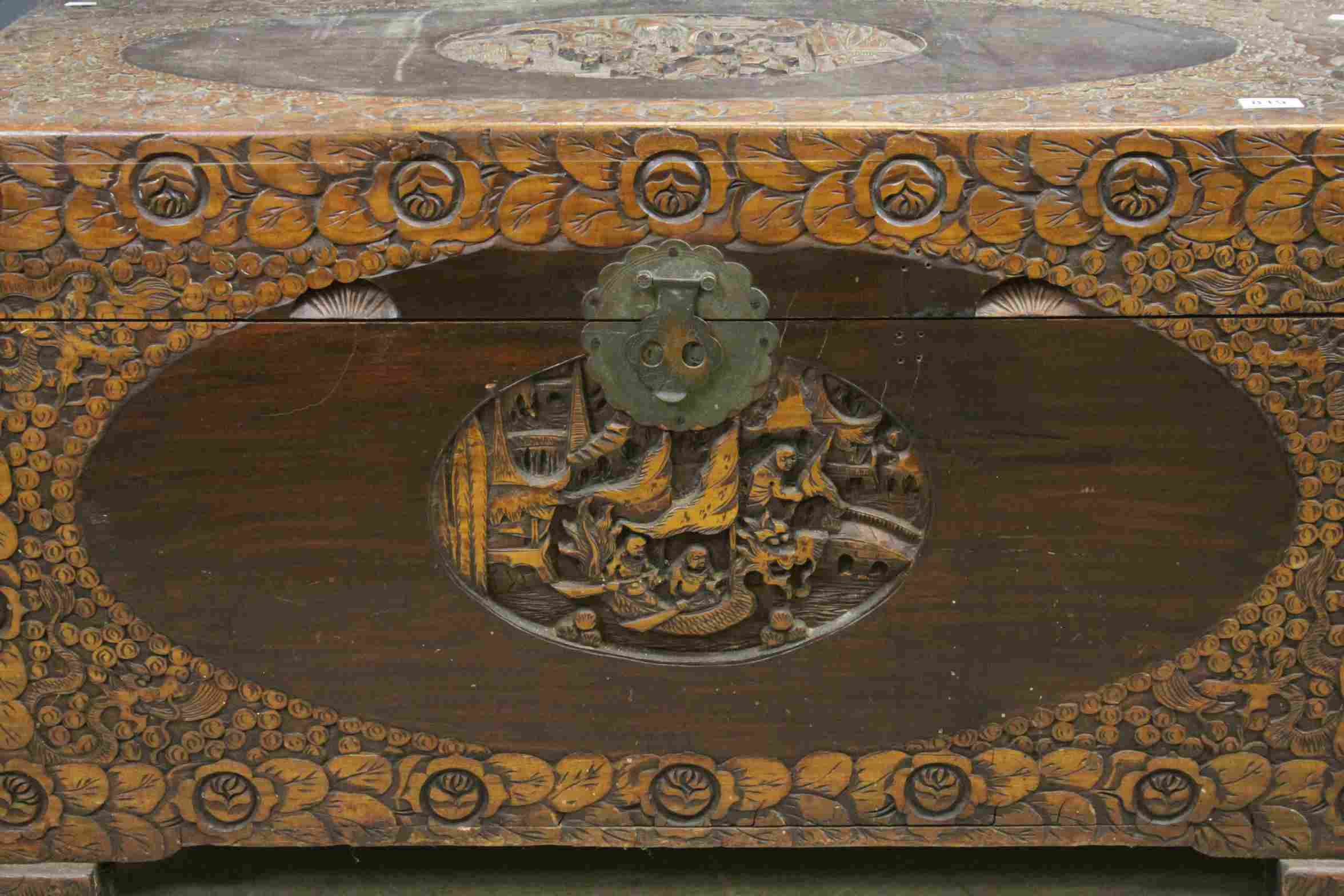 South East Asian Heavily Carved Camphor Wood Chest / Blanket Box, 104cms long x 59cms high - Image 2 of 5