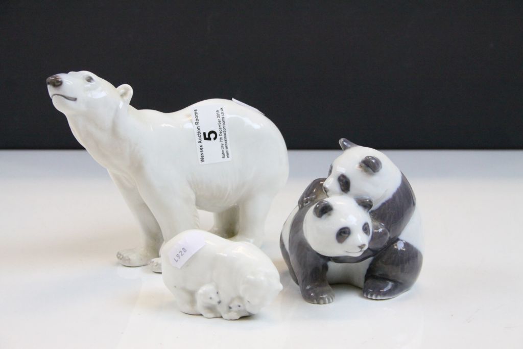 Three Royal Copenhagen ceramic Animals to include; Polar Bear, engraved "NN" to foot, pair of Pandas