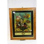 Maple framed coloured print of flowers in a jardiniere, titled April