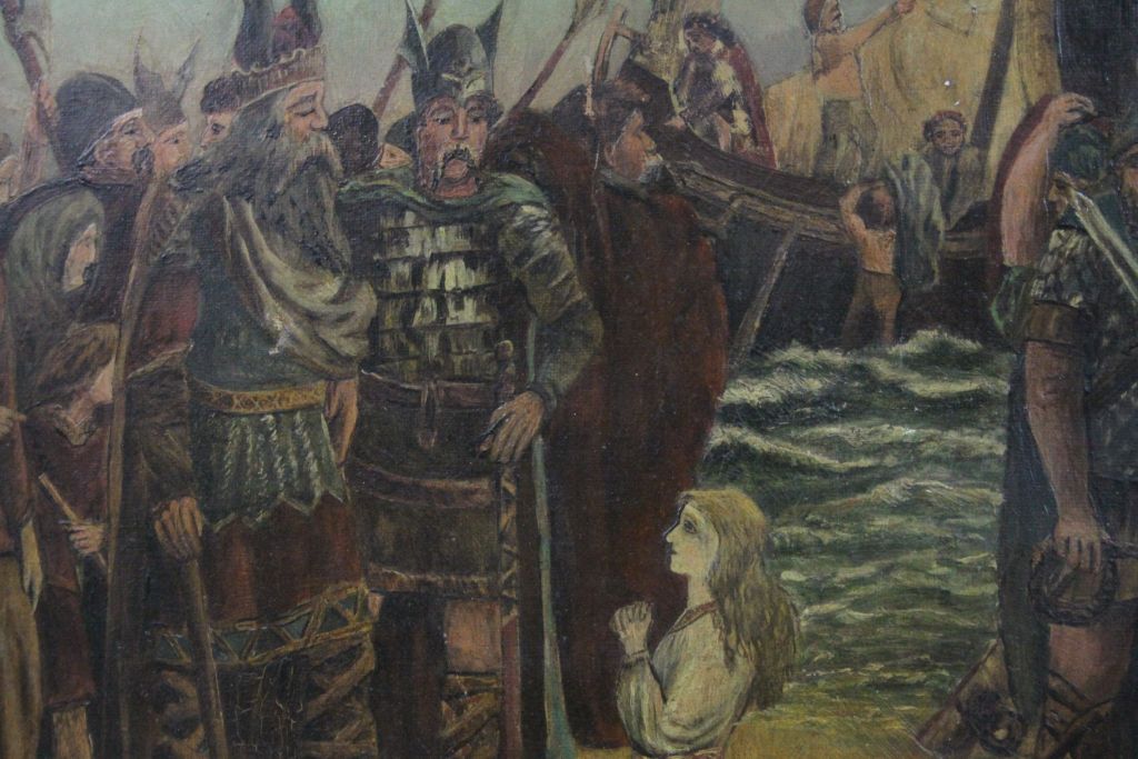 Unframed 19th Century Oil on canvas of Vikings, marked "The Viking Daughter's Prayer" to verso & - Image 2 of 3