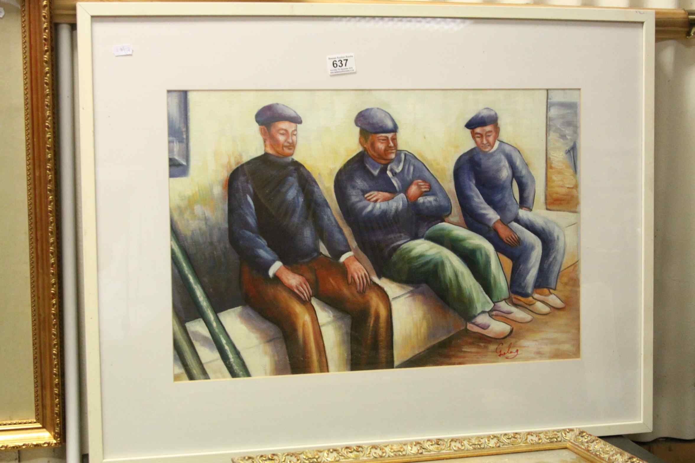 Framed oil painting of Mediterranean fisherman seated on a bench