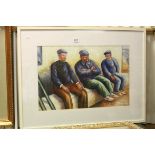 Framed oil painting of Mediterranean fisherman seated on a bench