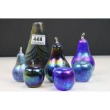 Group of Ditchfield glassform iridescent paperweights in the form of fruit and a similar vase