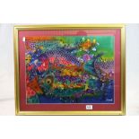 A contemporary asian Batik picture of colourful fish signed Yayak dimensions 42 x 54 cm.