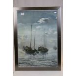 H Cheng 20th century oil painting junks in a coastal scene empasto oil painting