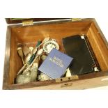 Rosewood box of mixed collectables to include a Tobacco Pipe with hallmarked Silver collar, 1890