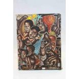 Max Kamundi contemporary oil on canvas african figures titled A LOVING FAMILY dimensions 45 x 35.