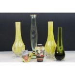 Pair of yellow ground carnival style glass vases, two other glass vases, a satsuma style vase and