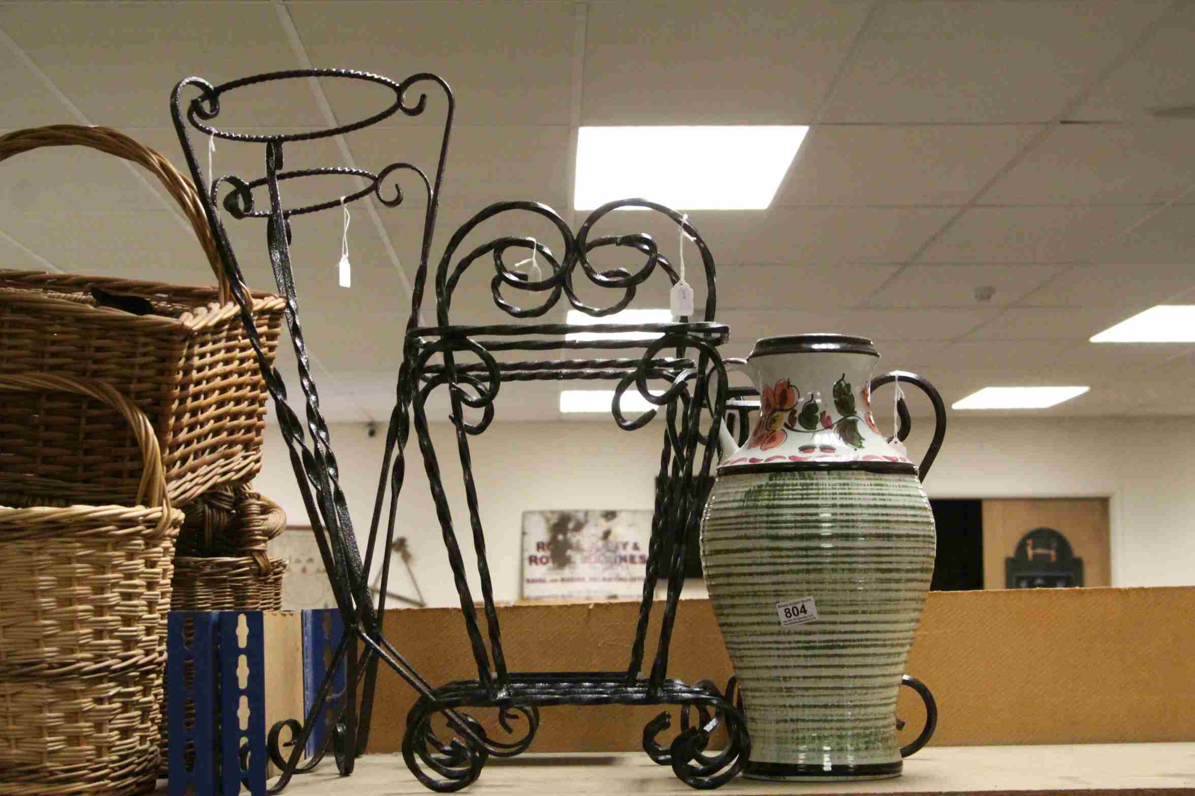 Pair of Wrought Iron Stick / Umbrella Stands, Pair of Wrought Iron Plant Pot Holders and a Ceramic