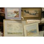 Four framed watercolours to include a continental scene with figure,Lands end rural scene etc.