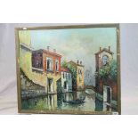 A mid 20th century oil on on canvas painting of a venetian canal scene with gondolier indistinctly