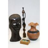 Wooden carved tribal mask, wood carving of a figure, ceramic vase and a box with painted ship
