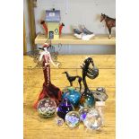 Group of paperweights, Mdina glass bottle vase, figurines etc