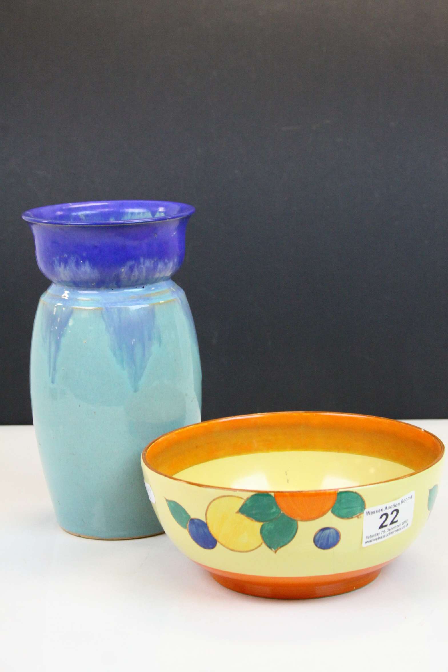 An Art Deco Edna Best fruit patterned bowl and blue ground 20th century vase