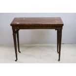19th century Rosewood Inlaid Fold-Over Card Table raised on square tapering legs and terminating
