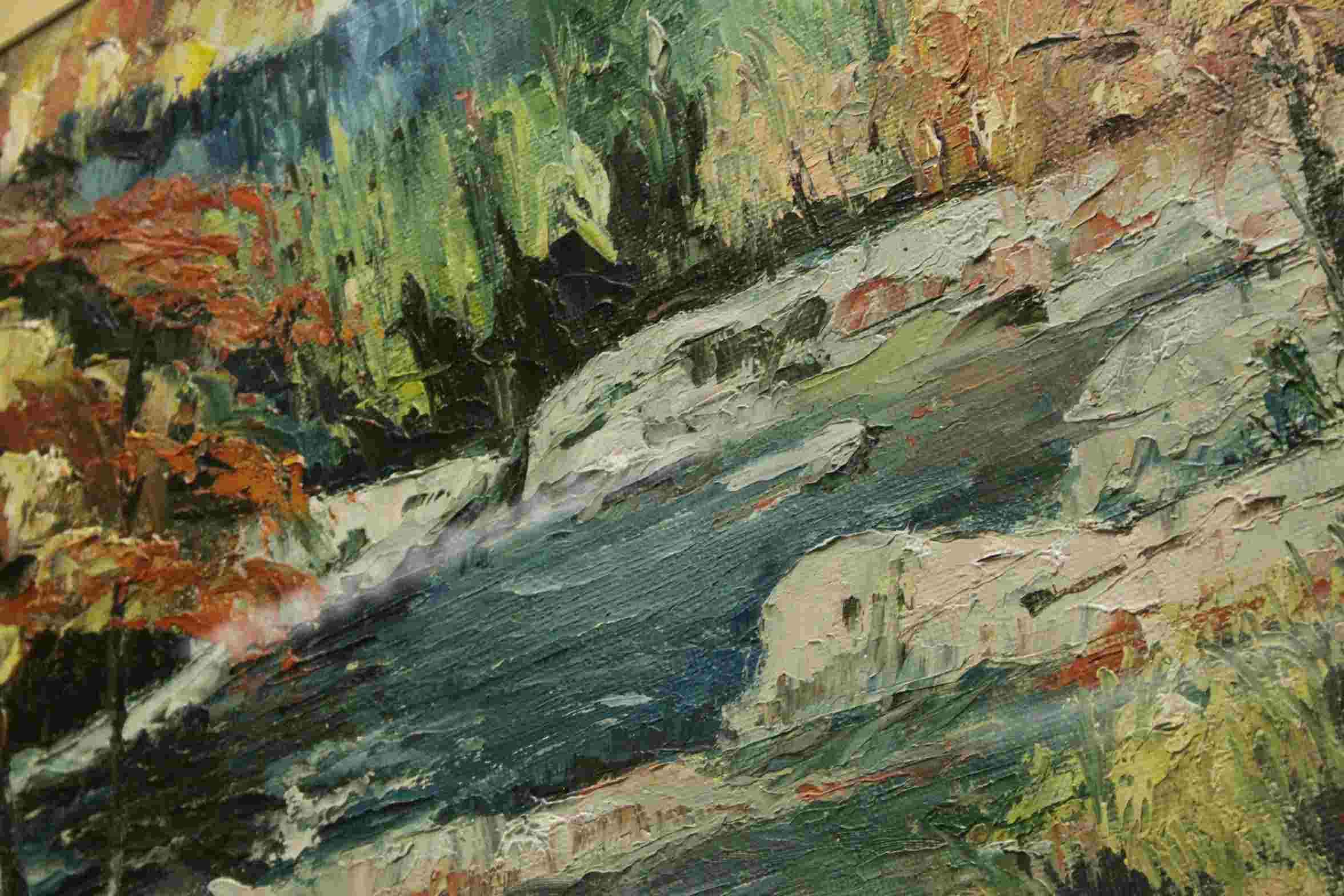 Contemporary impasto oil painting of a wooded river scene, approx. 40cm x 60cm - Image 3 of 3