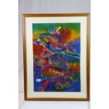A 20th century asian batik picture of fish in a colourful setting dimensions 65 x 44 cm.