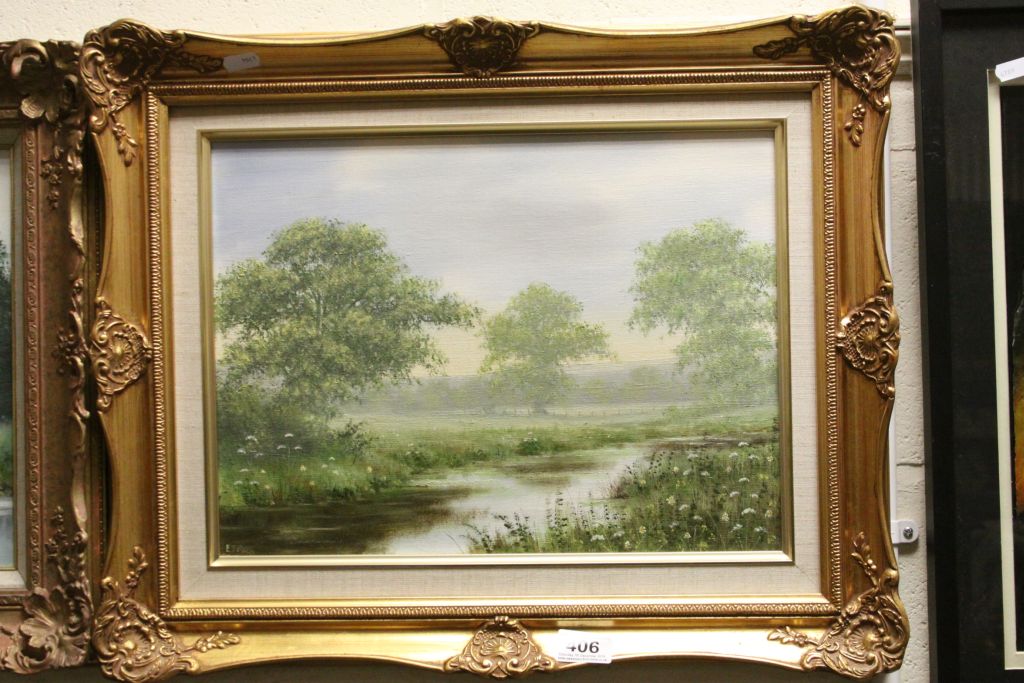 Gilt framed Oil on canvas of a River scene & signed "E Turner", image approx 29 x 39cm