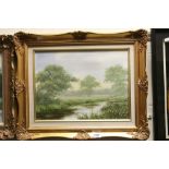 Gilt framed Oil on canvas of a River scene & signed "E Turner", image approx 29 x 39cm