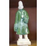 Ming period court figure of a man in a green coat, 10" tall has been repaired to the body,