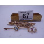 Victorian period bar brooch set with seed pearl 9ct gold and 2 other Victorian gold bar brooches set