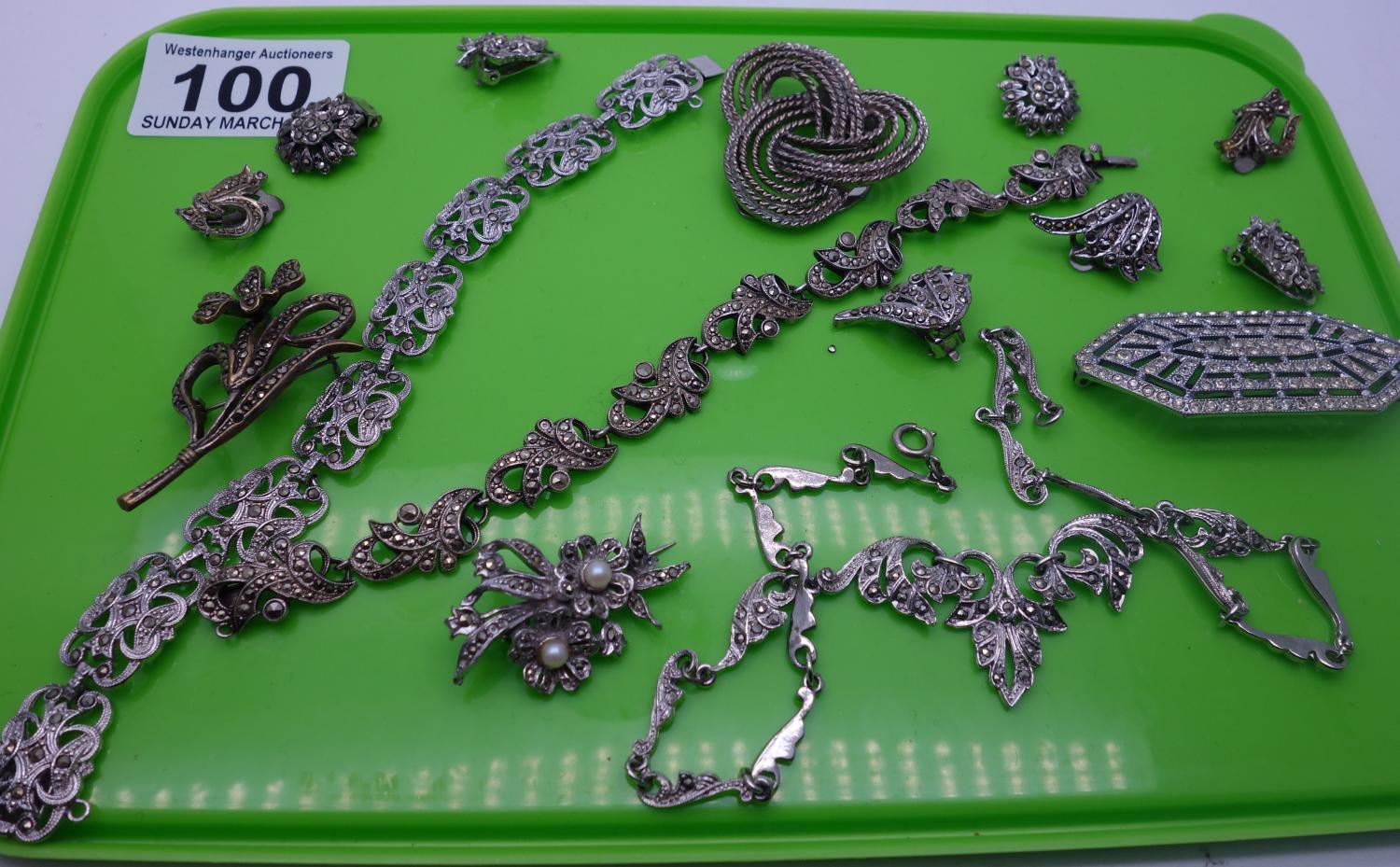 Amount of marcasite items including brooches and earrings,