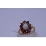 9ct gold opal and garnet Ladies dress ring, makers TB c1940's size K, 3.5 grams