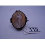 Early 20th century oval Cameo brooch 2.1/4" tall 2" wide, depicting a Grecian Lady set in silver,