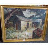 Oil painting on canvas of a Cornish Cottage and Courtyard, attributed to Constance Bradshaw, 124"