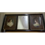 Decorative mirror, the centre section flanked by two Asti prints of young maidens, 3' long x 12"