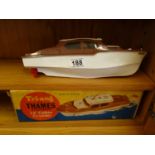 Tri-ang a Thames Clockwork 14" Cabin Cruiser with original box, boat has missing parts, as seen