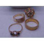 Gold plated ring, 9ct gold band, an un-marked gold ring set with seed pearl and turquoise with